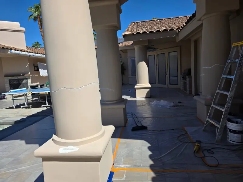 Stucco crack repair on columns before elastomeric coating at Indian Wells residence