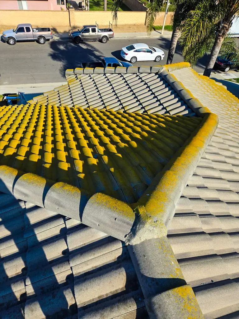 Roof pressure washing Orange County in progress with soft wash technique on tile roof