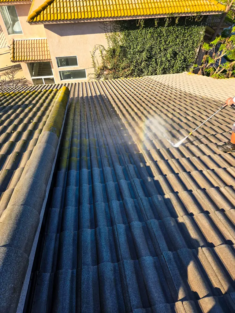 Roof cleaning Orange County before showing heavy moss and dirt buildup on tile roof