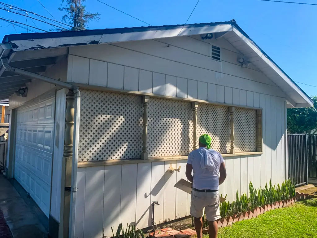 San Gabriel garage and lattice work before house painting showing faded exterior surfaces