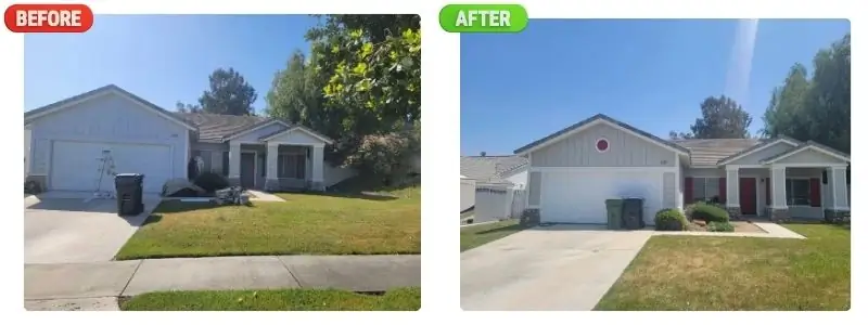 before and after image of residential house exterior paint job done by dream painting