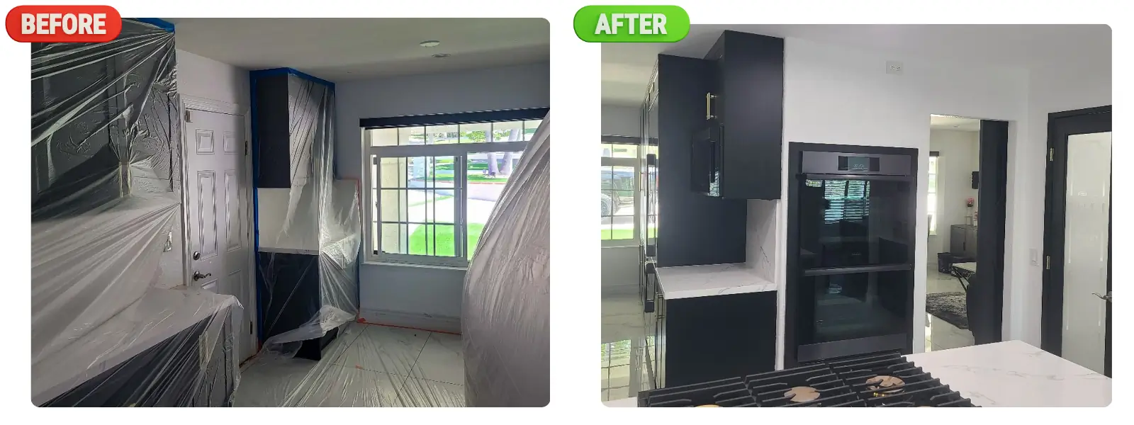 A before-and-after comparison of a kitchen renovation by Dream Painting in Rancho Cucamonga. The before image shows a kitchen covered in plastic for protection, while the after image reveals a modern, stylish kitchen with black cabinets and white countertops.