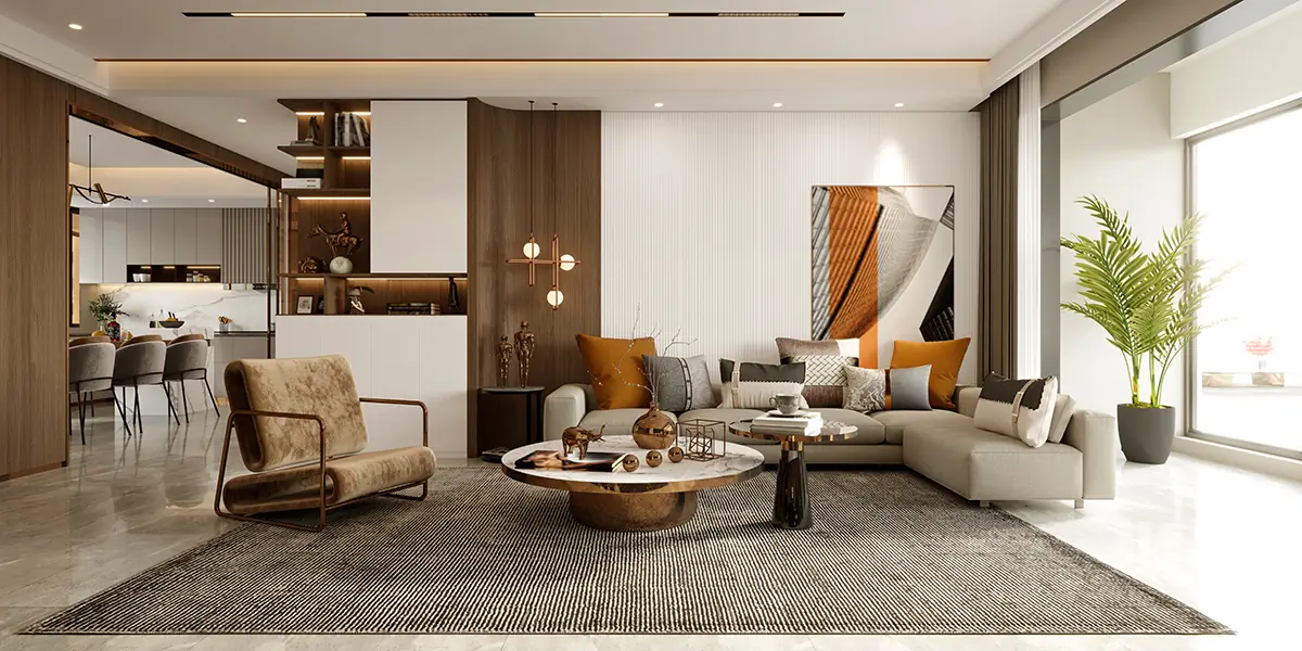 Modern living room painted by Dream Painting, featuring a neutral color palette, stylish sectional sofa, contemporary armchair, round coffee tables, and decorative accents.