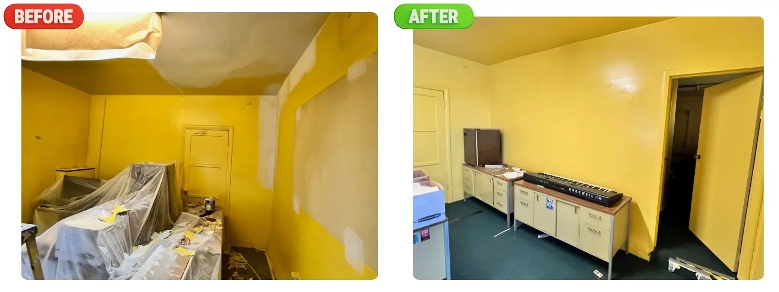 Office in Los Angeles before and after interior painting with bright yellow color.