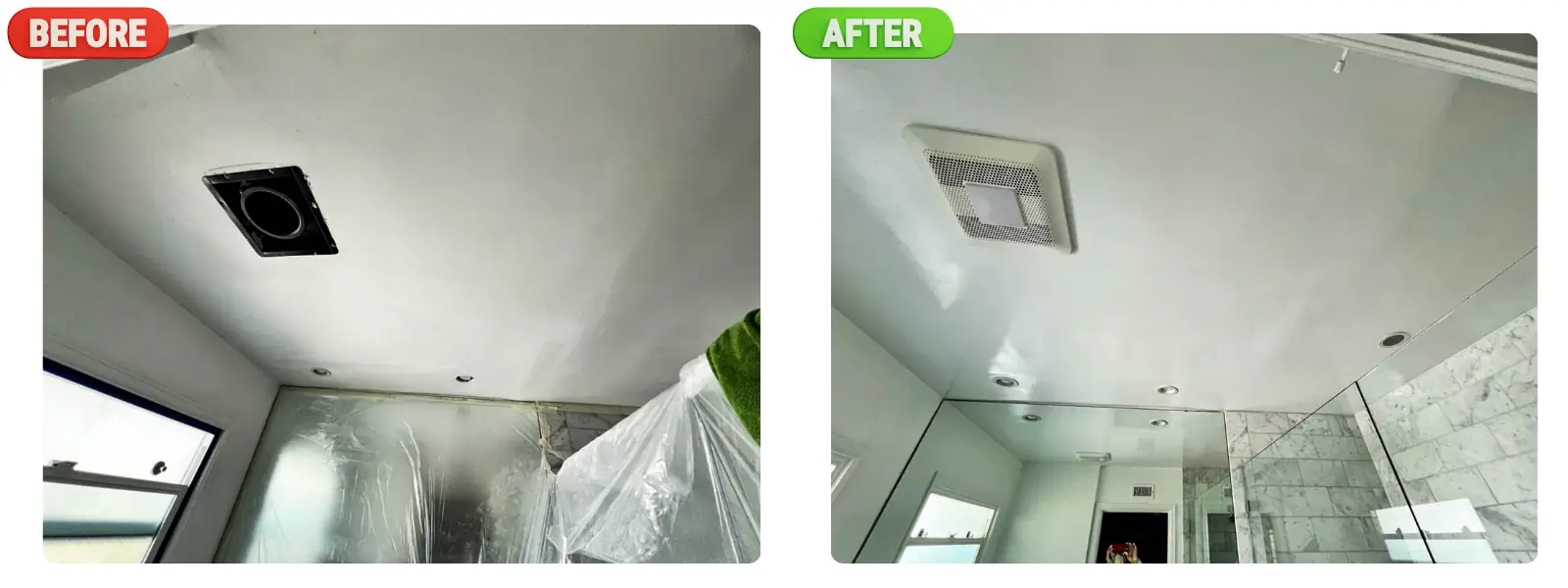 Before and after comparison of a bathroom ceiling renovation in Costa Mesa by Dream Painting, showing a transformation from an unfinished surface to a polished, freshly painted ceiling.