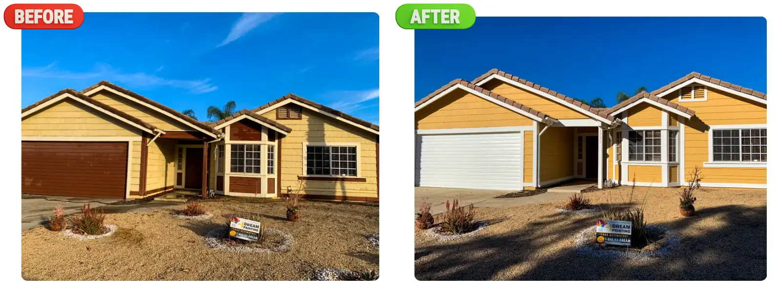 Before and after comparison of a Redlands home exterior refreshed by Dream Painting.